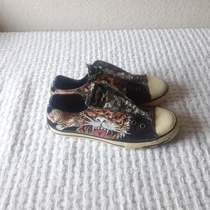 Women’s Don Ed Hardy Designs Canvas Laceless Sneakers Black & Multi Tiger Size 6